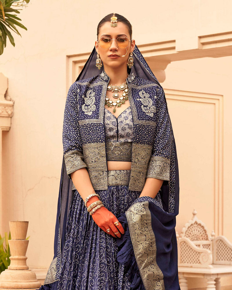 Navy Blue Printed Lehenga Set With Coat and Men Kurta Set