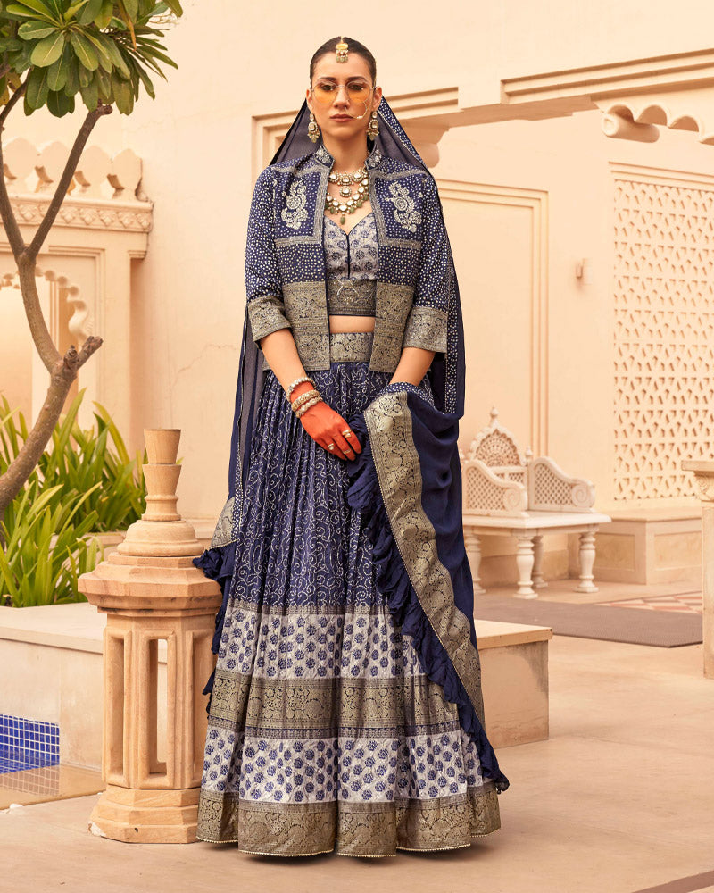 Navy Blue Printed Lehenga Set With Coat and Men Kurta Set