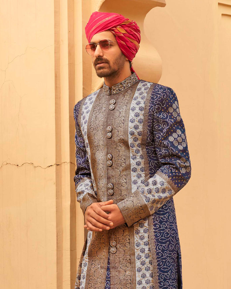 Navy Blue Printed Lehenga Set With Coat and Men Kurta Set