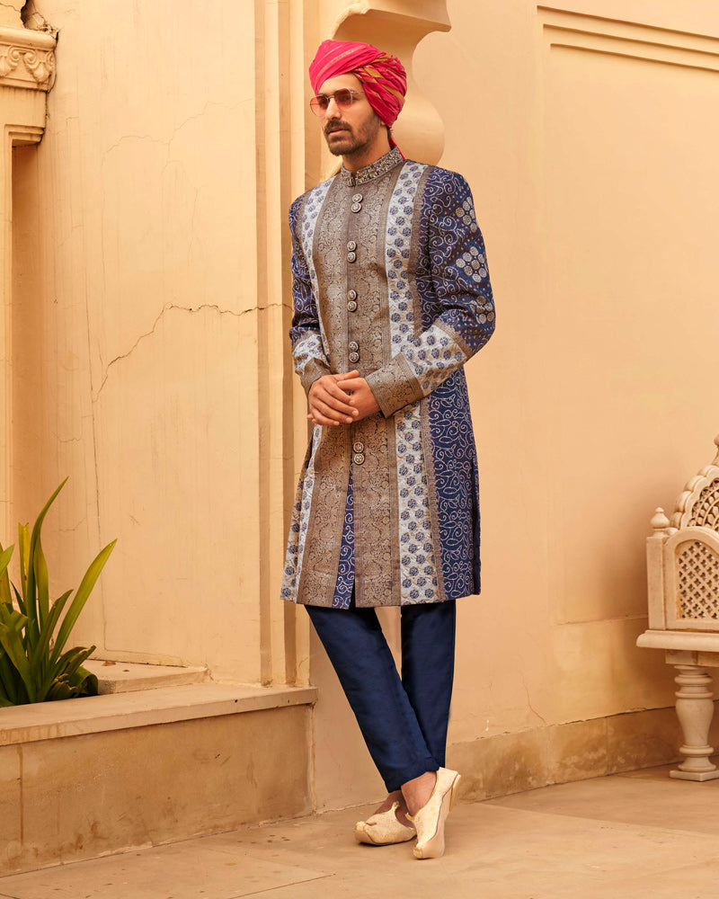 Navy Blue Printed Lehenga Set With Coat and Men Kurta Set