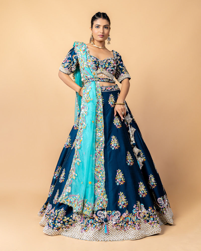 Navy Designer Embroidered Lehenga Choli with Contrast Net Dupatta