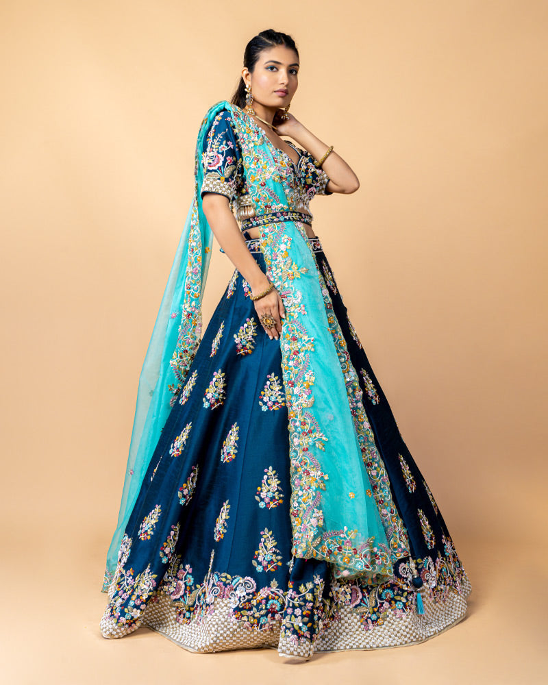 Navy Designer Embroidered Lehenga Choli with Contrast Net Dupatta