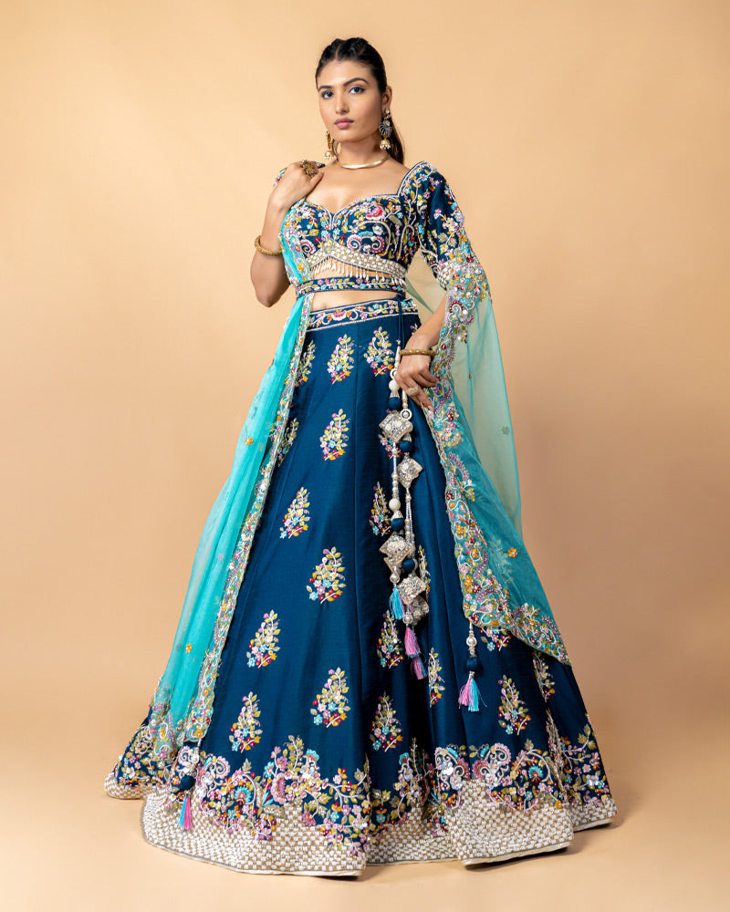 Navy Designer Embroidered Lehenga Choli with Contrast Net Dupatta