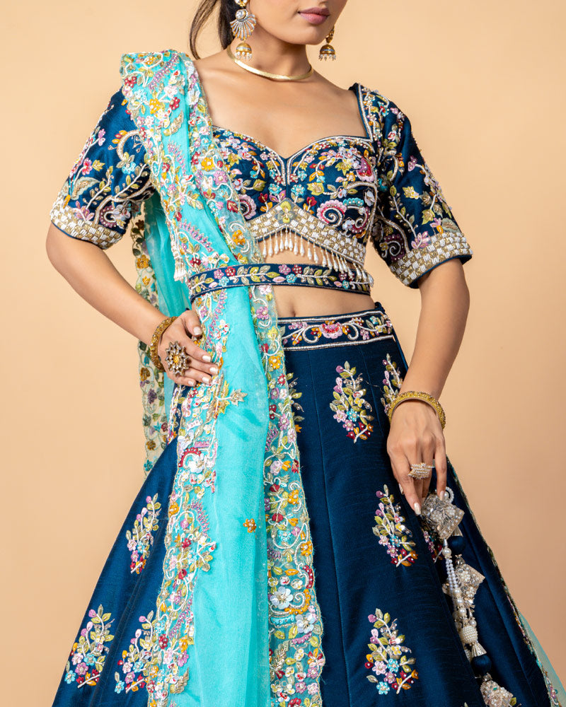 Navy Designer Embroidered Lehenga Choli with Contrast Net Dupatta