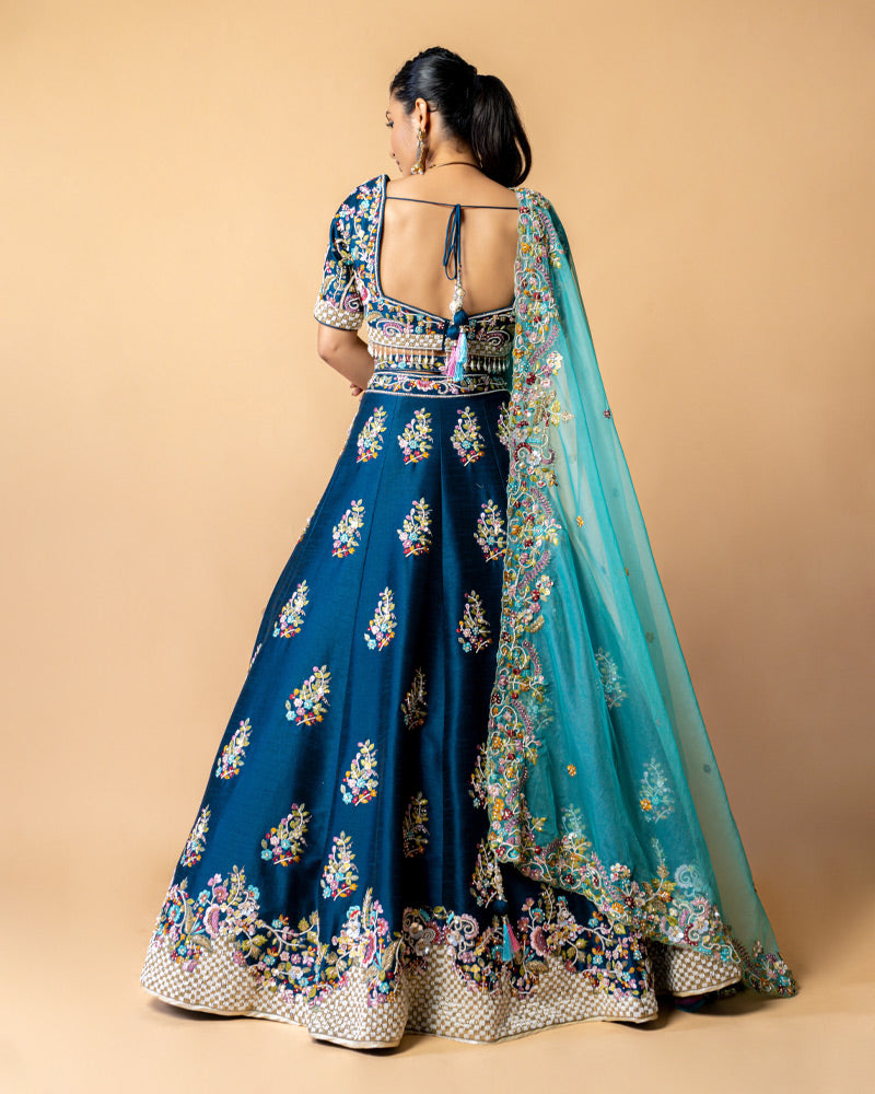 Navy Designer Embroidered Lehenga Choli with Contrast Net Dupatta