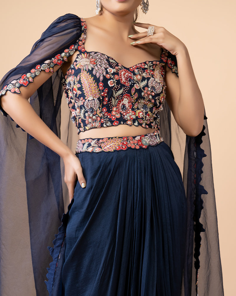 Navy Draped Skirt with Heavy Embroidered Crop Top