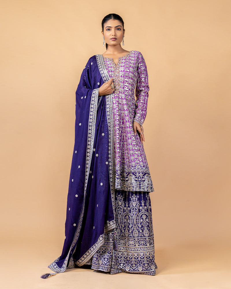 Navy Palazzo with Contrast Straight Cut Embroidered Kurta and Dupatta