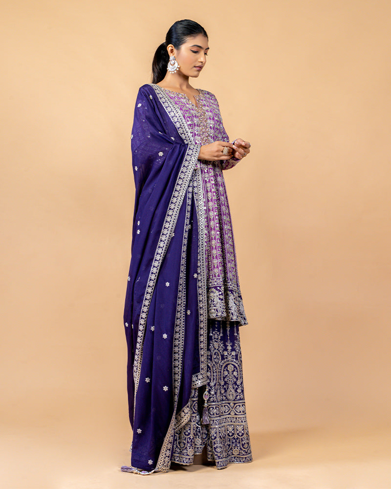 Navy Palazzo with Contrast Straight Cut Embroidered Kurta and Dupatta