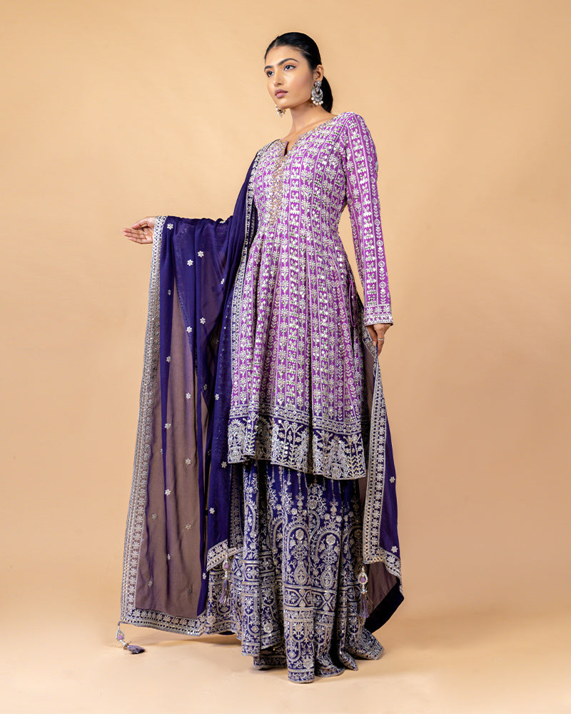 Navy Palazzo with Contrast Straight Cut Embroidered Kurta and Dupatta