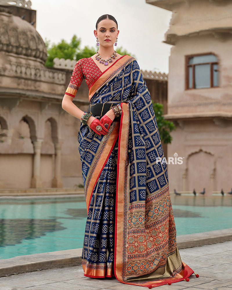 Navy Blue Bandhani Printed Silk Saree with Unstitched Blouse 01