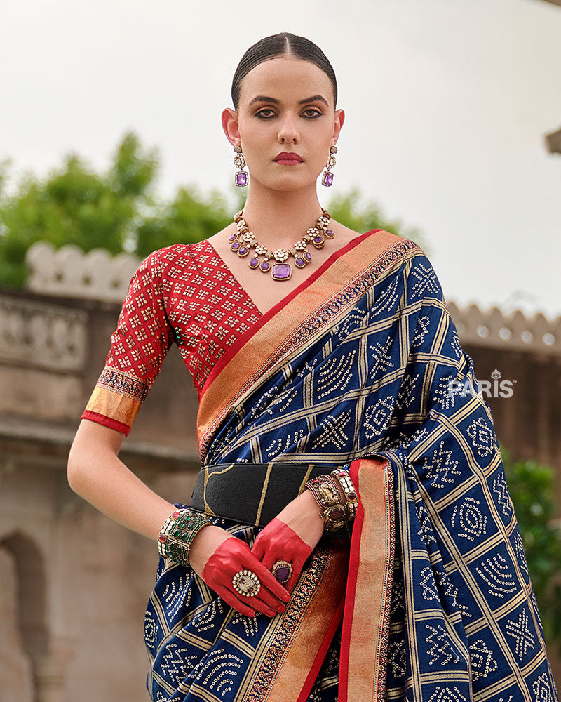 Navy Blue Bandhani Printed Silk Saree with Unstitched Blouse 02