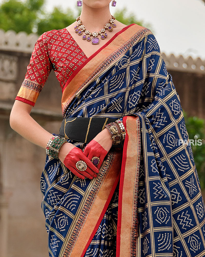 Navy Blue Bandhani Printed Silk Saree with Unstitched Blouse 03