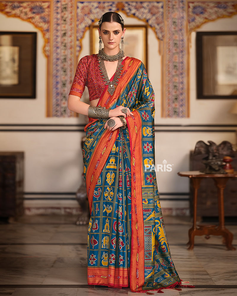 Navy Blue Printed Patola Silk Saree with Unstitched Blouse 01