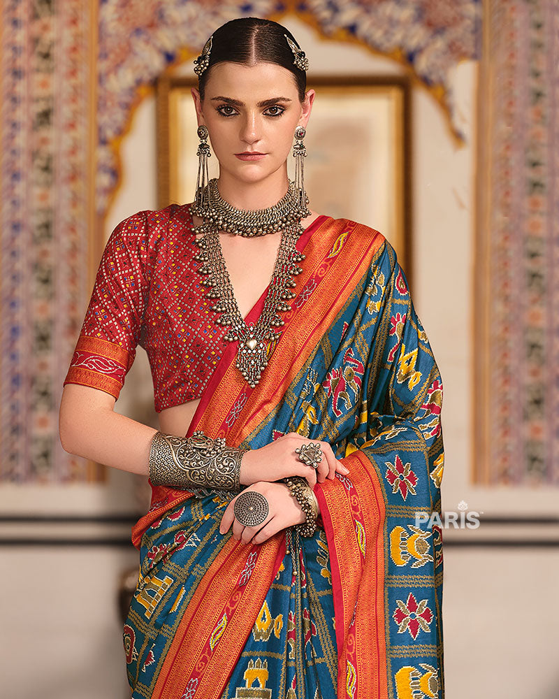 Navy Blue Printed Patola Silk Saree with Unstitched Blouse 02