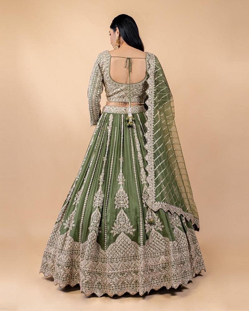 Olive Green Lehenga Choli with Golden Hand Work and Net Dupatta