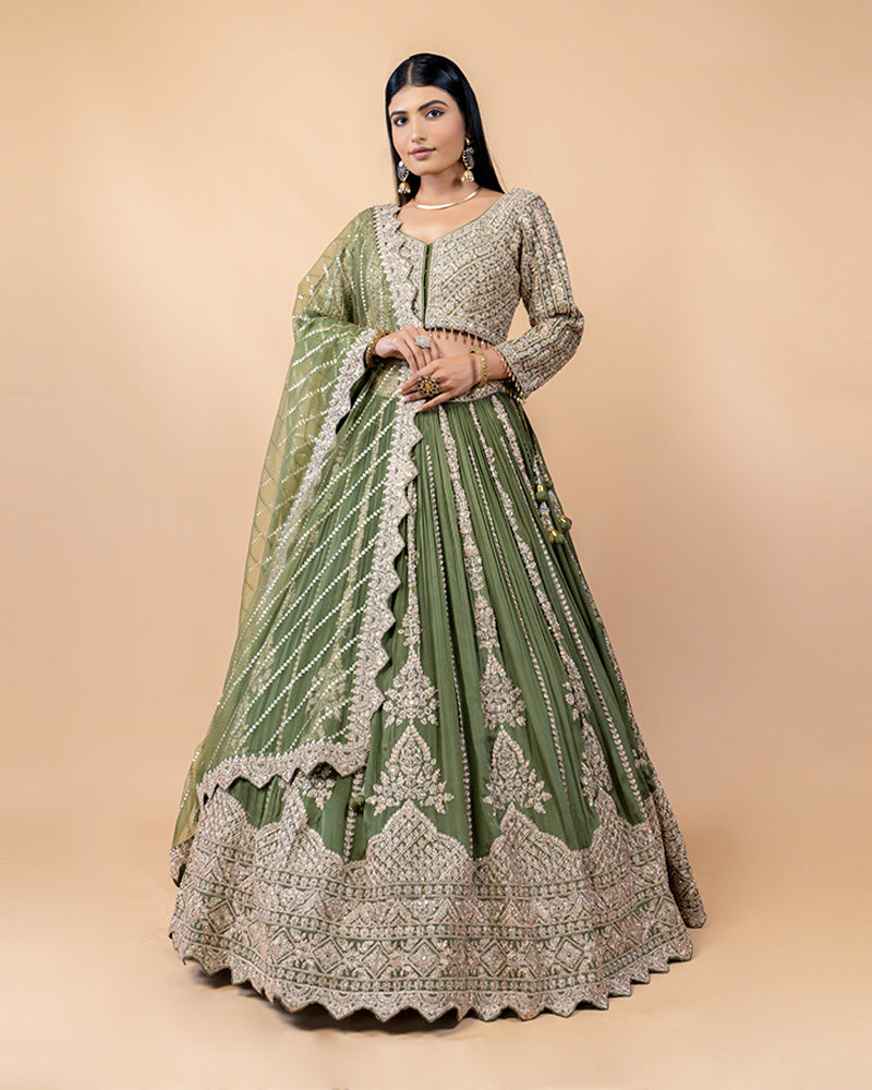 Olive Green Lehenga Choli with Golden Hand Work and Net Dupatta