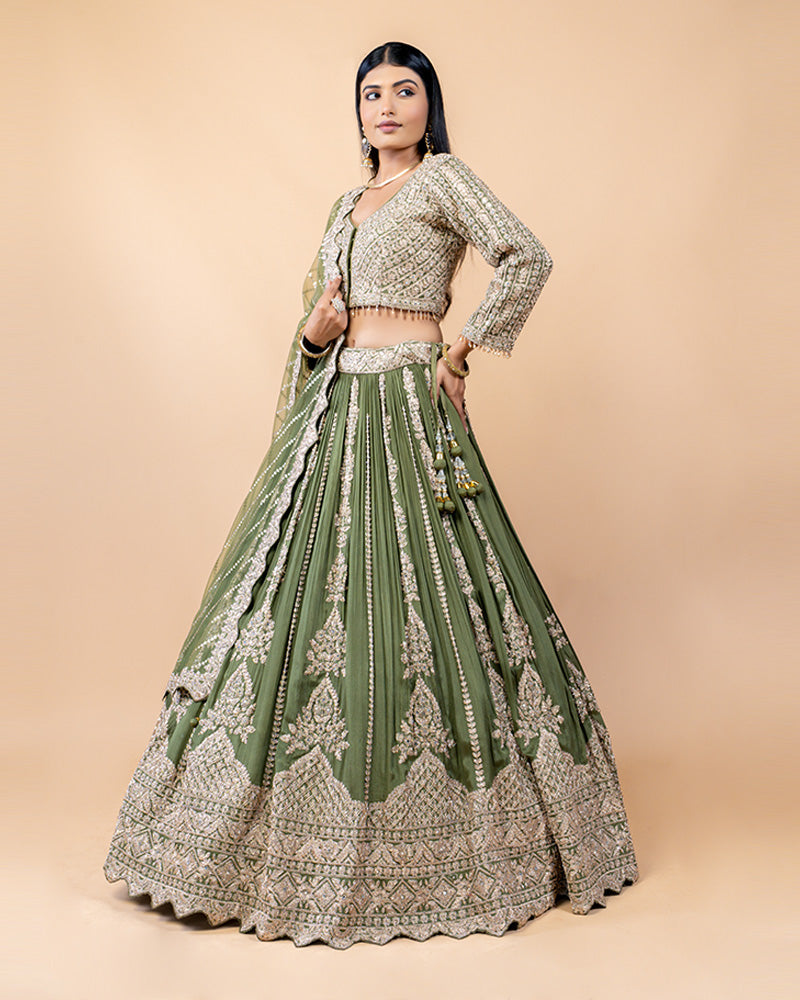 Olive Green Lehenga Choli with Golden Hand Work and Net Dupatta