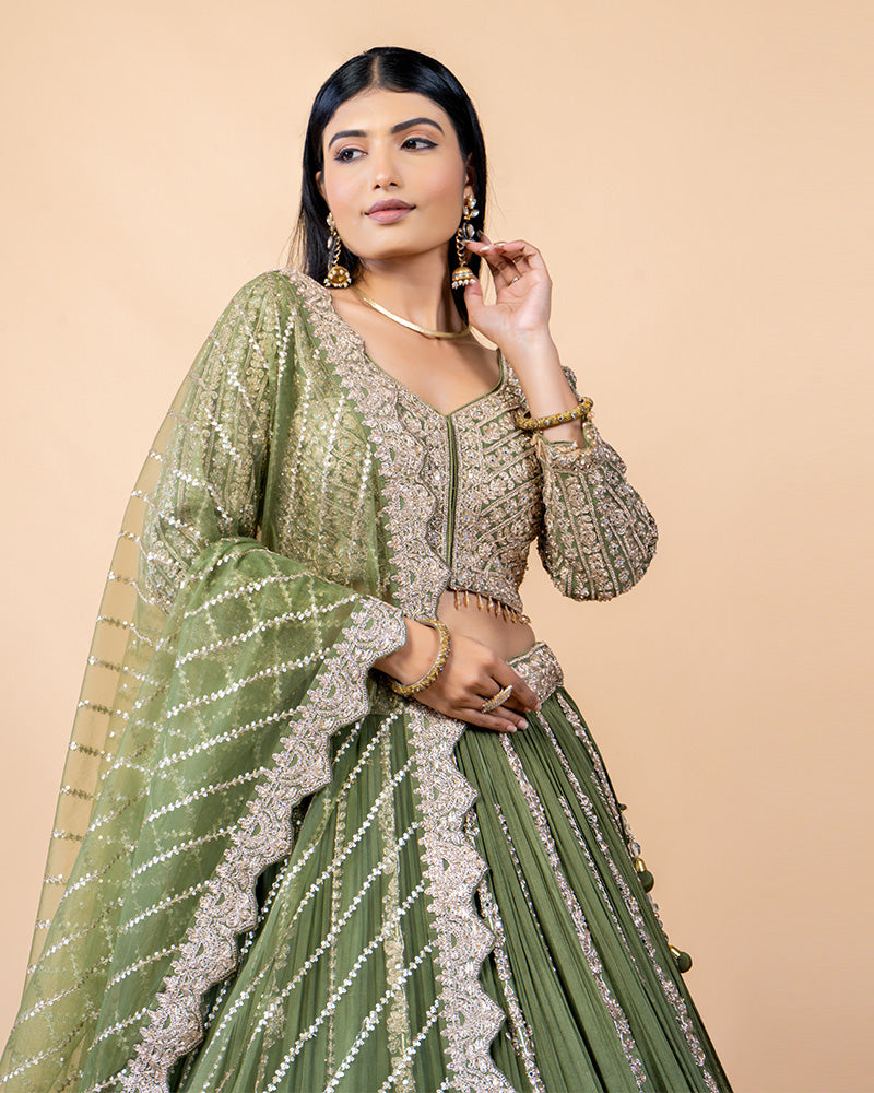 Olive Green Lehenga Choli with Golden Hand Work and Net Dupatta