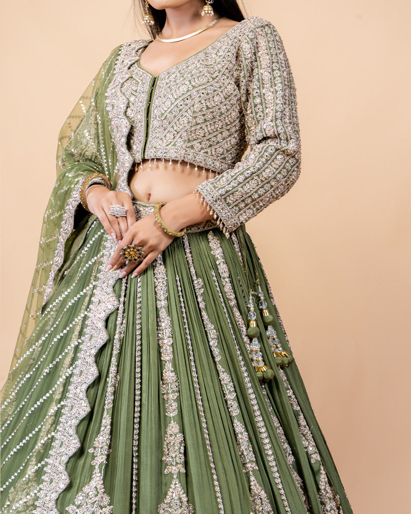 Olive Green Lehenga Choli with Golden Hand Work and Net Dupatta