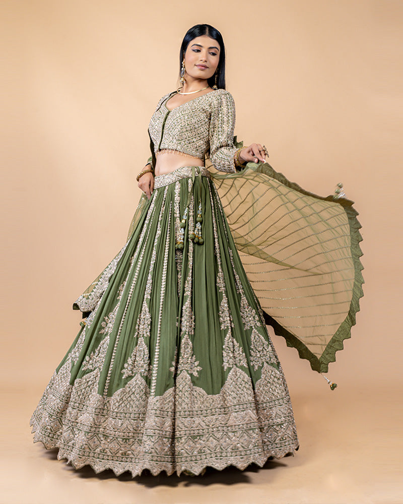 Olive Green Lehenga Choli with Golden Hand Work and Net Dupatta