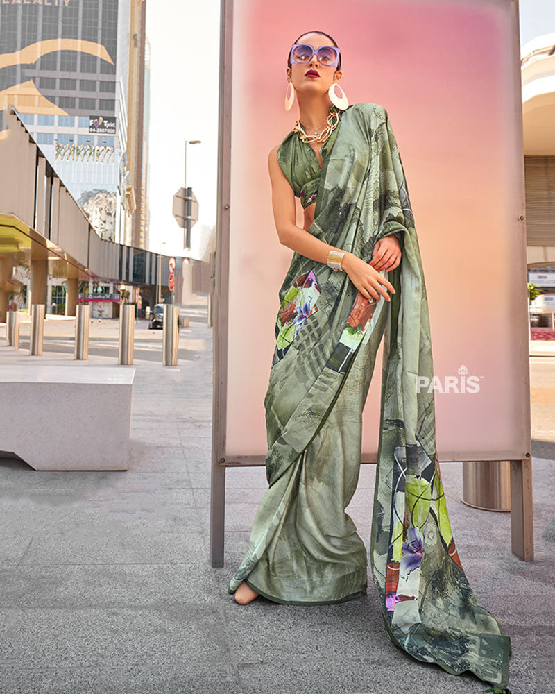 Olive Green Digital Print Satin Saree with an Unstitched Blouse 01