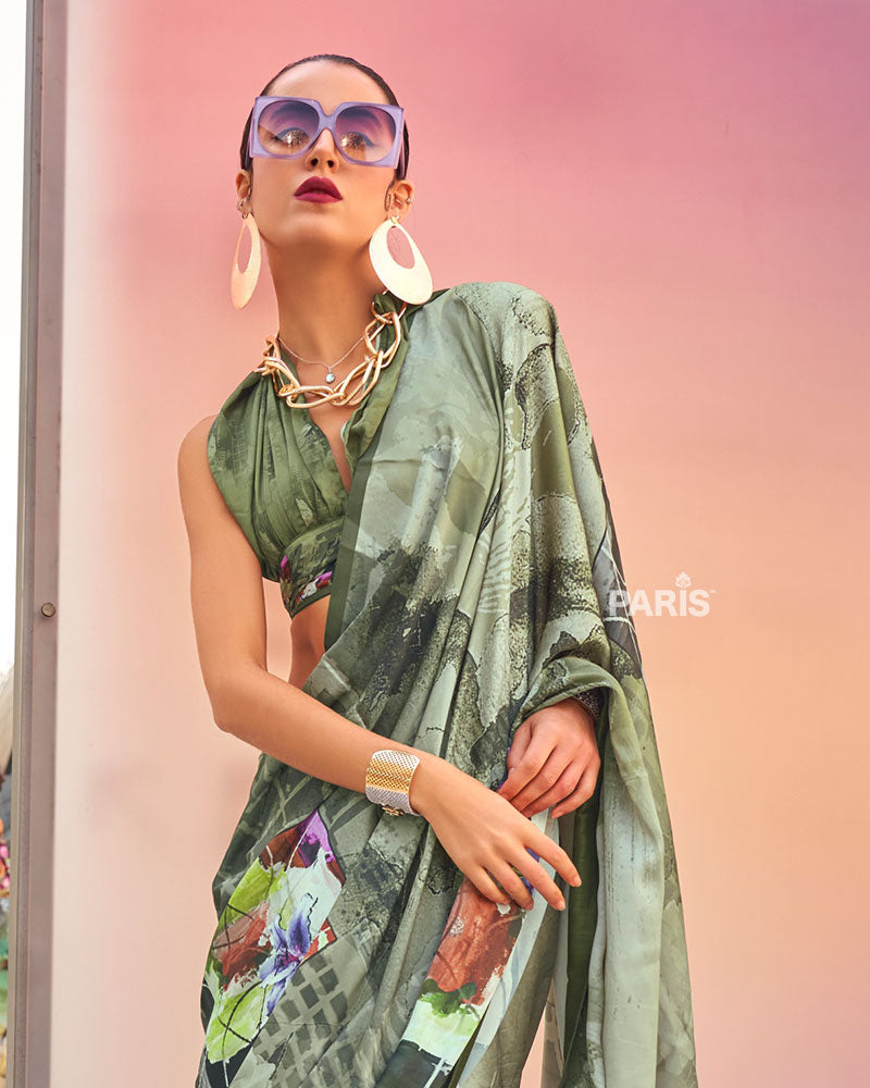 Olive Green Digital Print Satin Saree with an Unstitched Blouse 02
