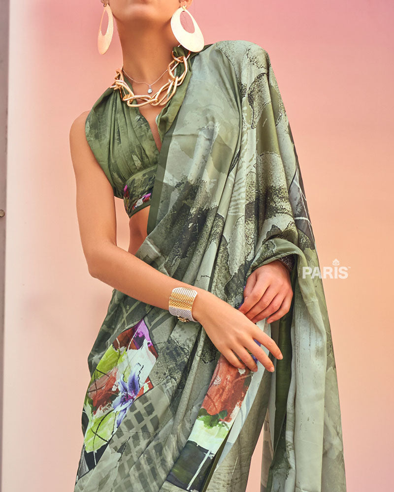 Olive Green Digital Print Satin Saree with an Unstitched Blouse 03