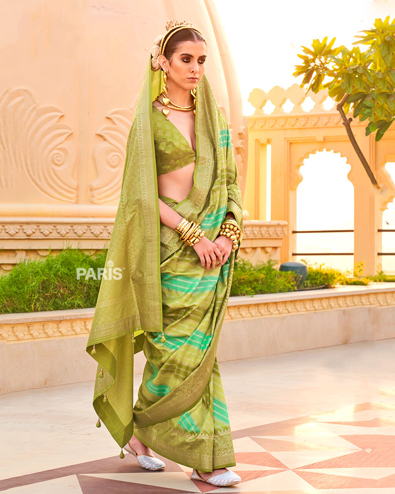 Olive Green Printed Silk Saree with Unstitched Blouse 001