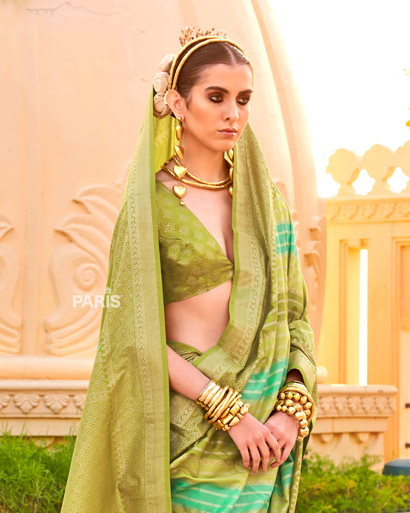 Olive Green Printed Silk Saree with Unstitched Blouse 002