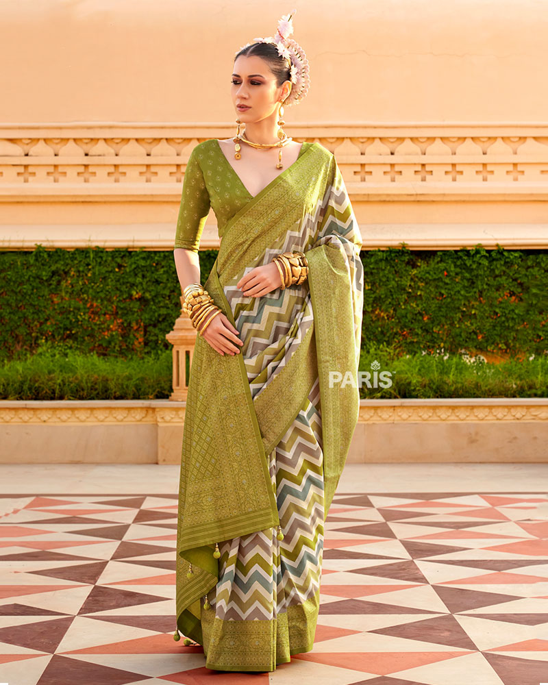 Olive Green Printed Silk Saree with Unstitched Blouse 01