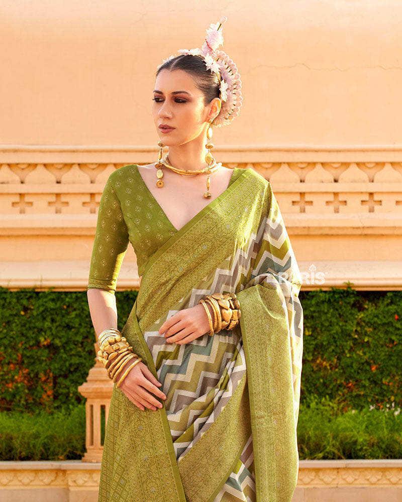 Olive Green Printed Silk Saree with Unstitched Blouse 02