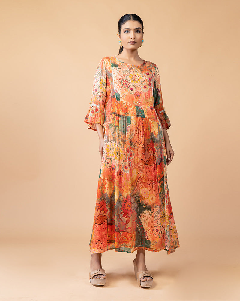 Orange Floral Print Midi Dress