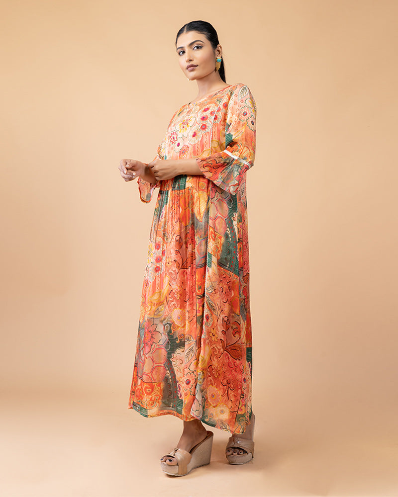 Orange Floral Print Midi Dress