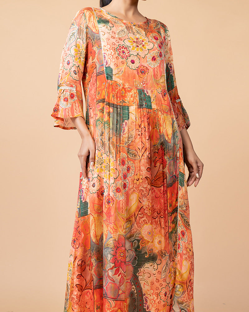 Orange Floral Print Midi Dress