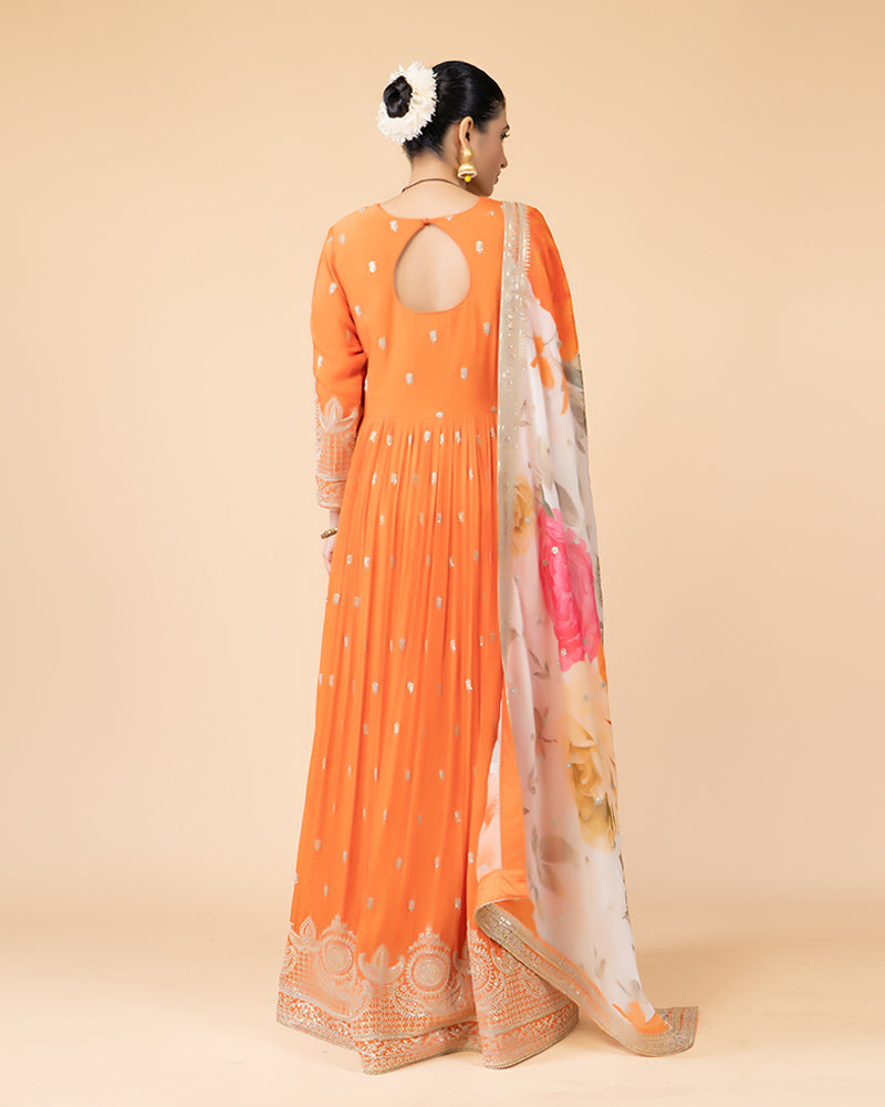 Orange Full-Length Anarkali Set with Chiffon Dupatta