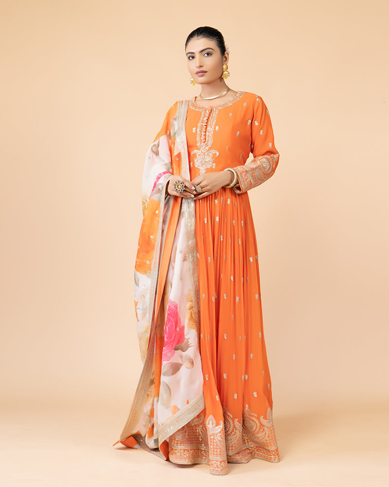 Orange Full-Length Anarkali Set with Chiffon Dupatta