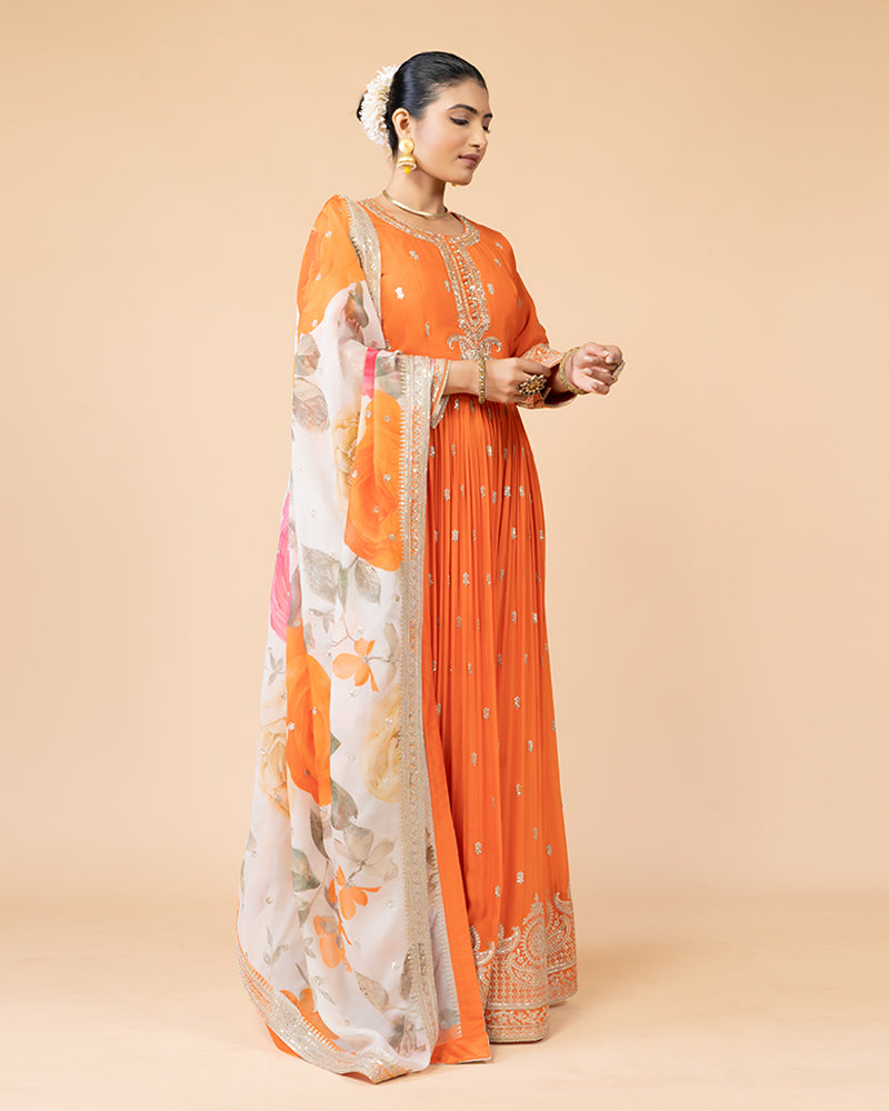 Orange Full-Length Anarkali Set with Chiffon Dupatta