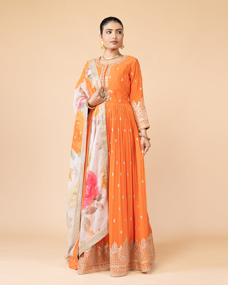 Orange Full-Length Anarkali Set with Chiffon Dupatta