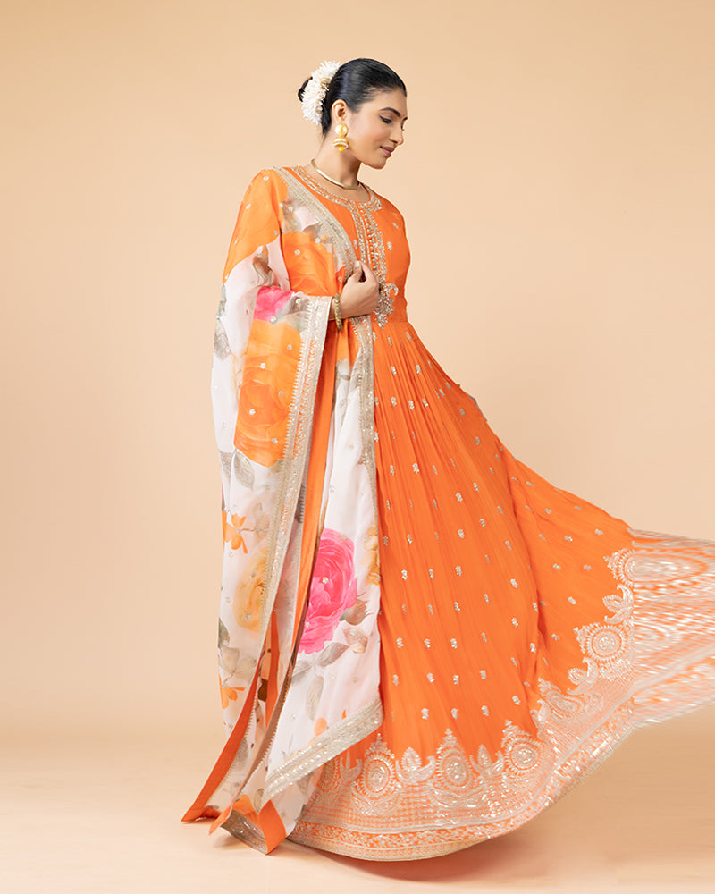 Orange Full-Length Anarkali Set with Chiffon Dupatta