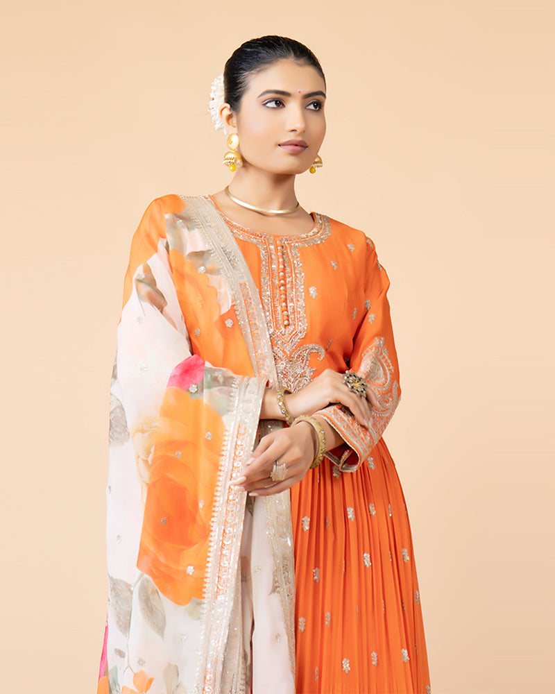 Orange Full-Length Anarkali Set with Chiffon Dupatta