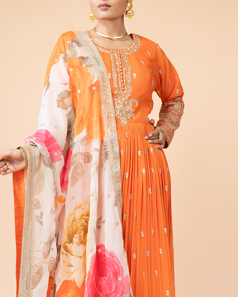 Orange Full-Length Anarkali Set with Chiffon Dupatta