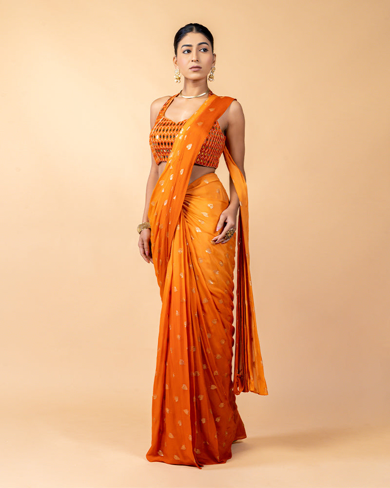 Orange Ready-to-Wear Saree with Mirror work Blouse