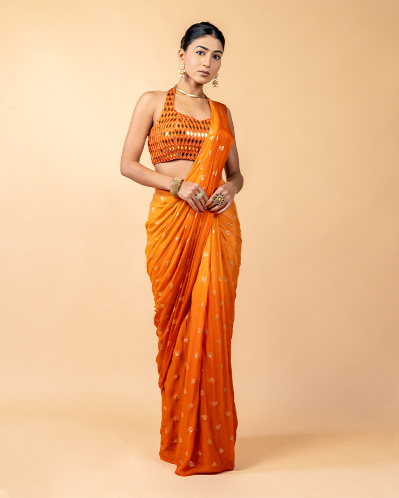 Orange Ready-to-Wear Saree with Mirror work Blouse