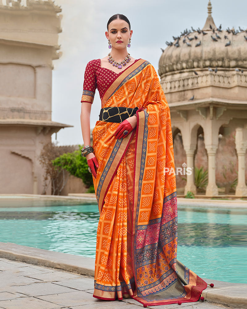 Orange Bandhani Printed Silk Saree with Unstitched Blouse 01