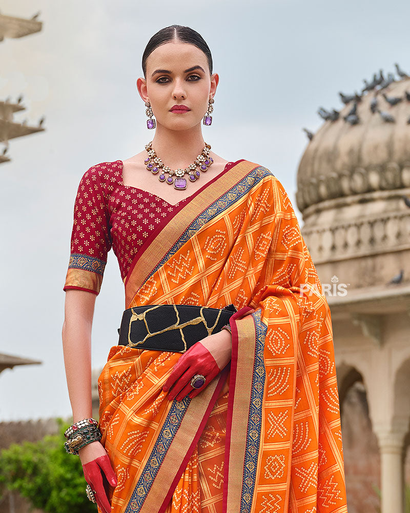 Orange Bandhani Printed Silk Saree with Unstitched Blouse 02