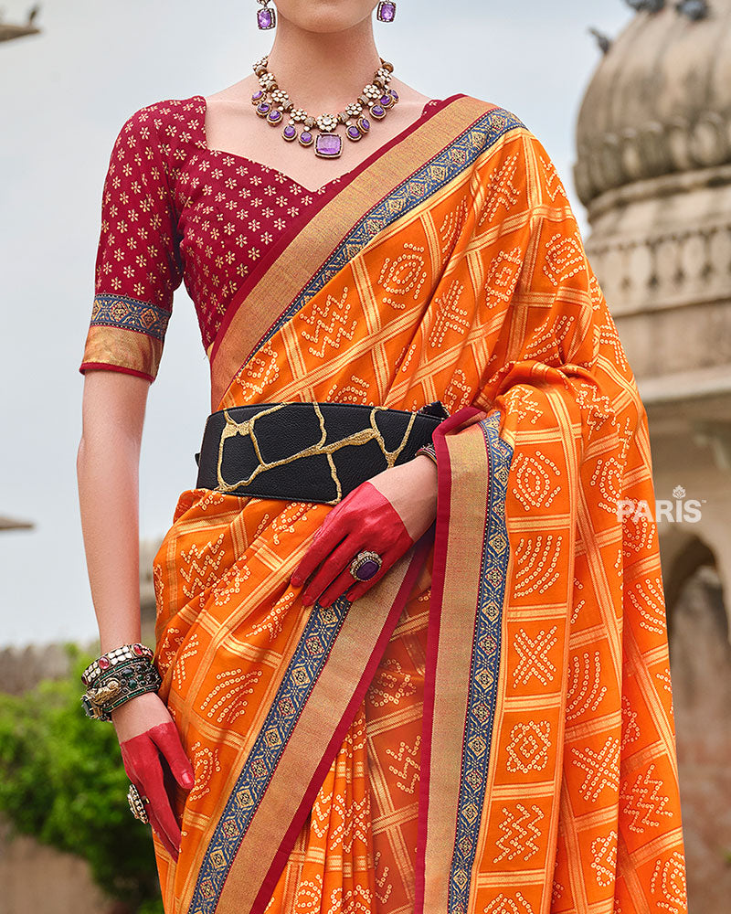 Orange Bandhani Printed Silk Saree with Unstitched Blouse 03
