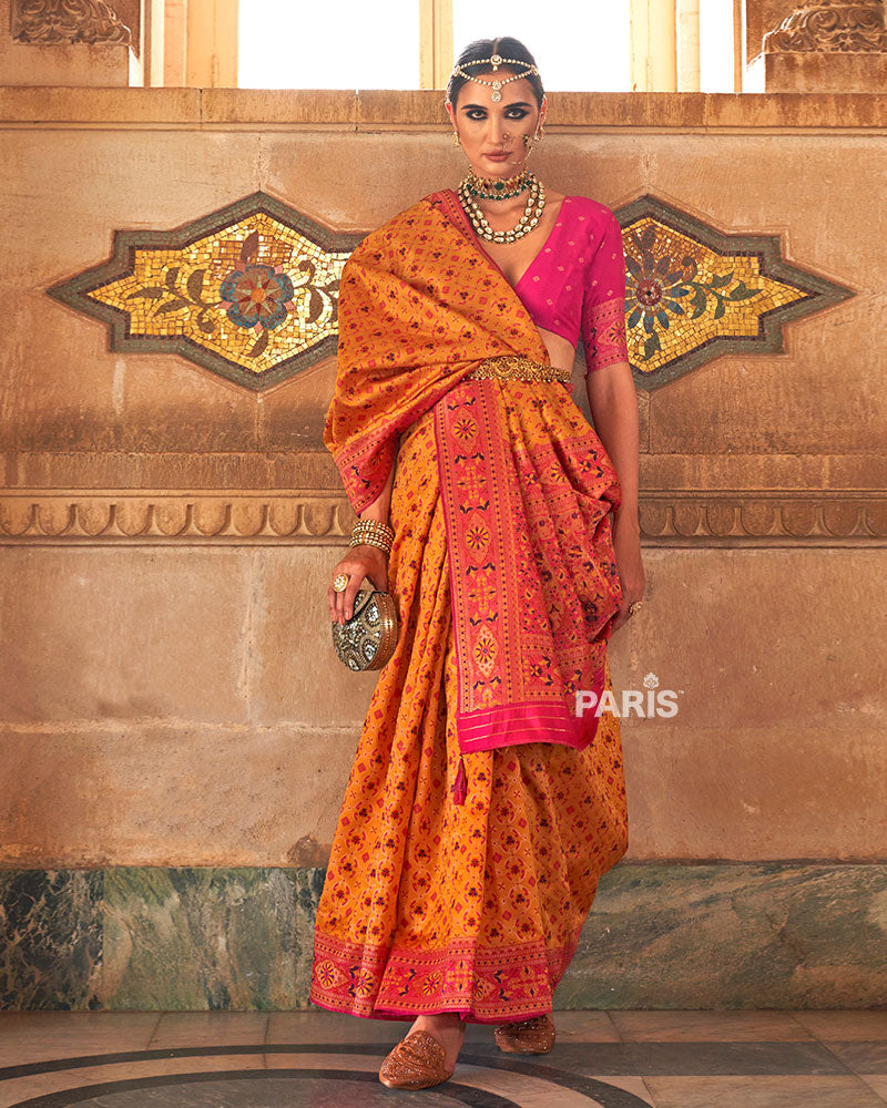 Orange and Pink Border Banarasi Jacquard Silk Saree with Unstitched Blouse 01
