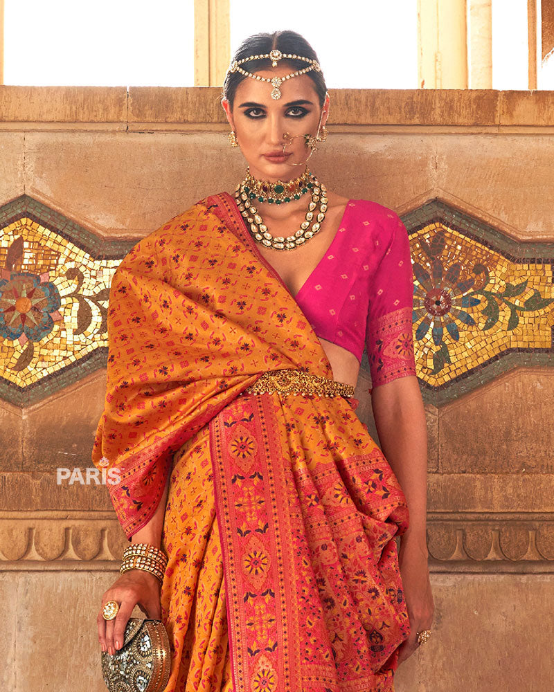 Orange and Pink Border Banarasi Jacquard Silk Saree with Unstitched Blouse 02