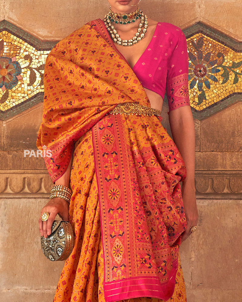 Orange and Pink Border Banarasi Jacquard Silk Saree with Unstitched Blouse 03