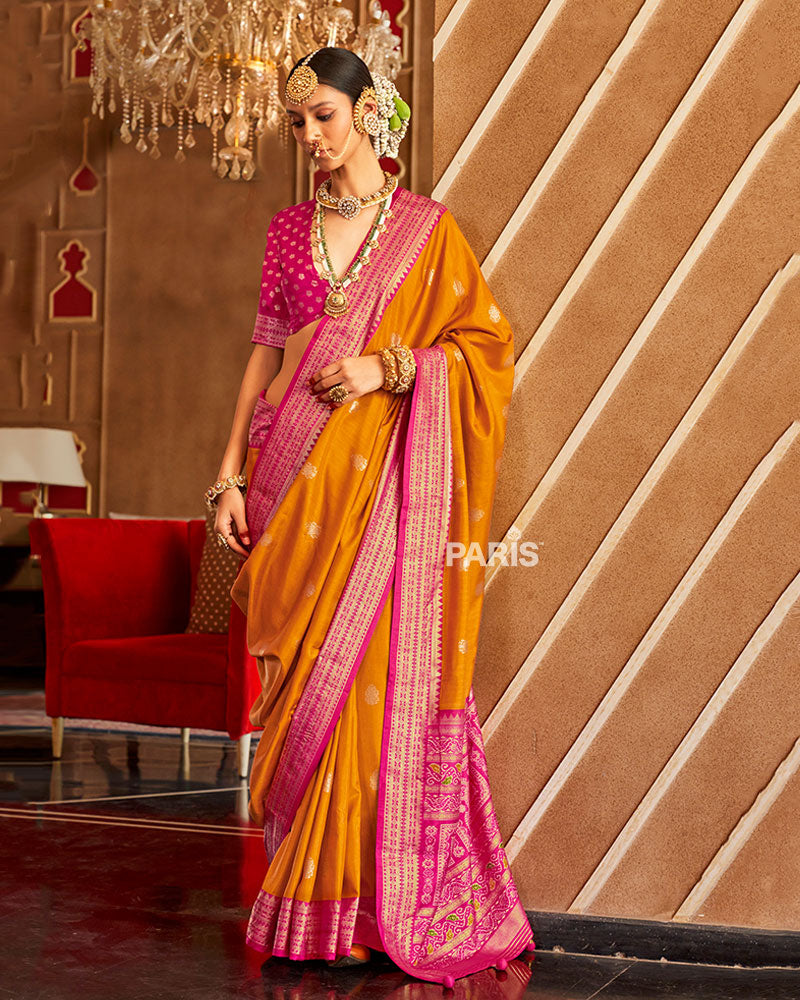 Orange and Pink Foil Printed Patola Saree with Unstitched Blouse 01